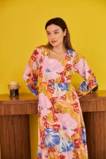 Desenli Keten Elbise