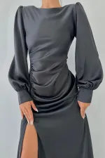 Satin Dress with Side Slit and Gathered Hem