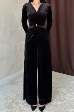 Velvet Jumpsuit with Front Buckle