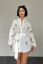 Voile Embroidered Belted Shirt