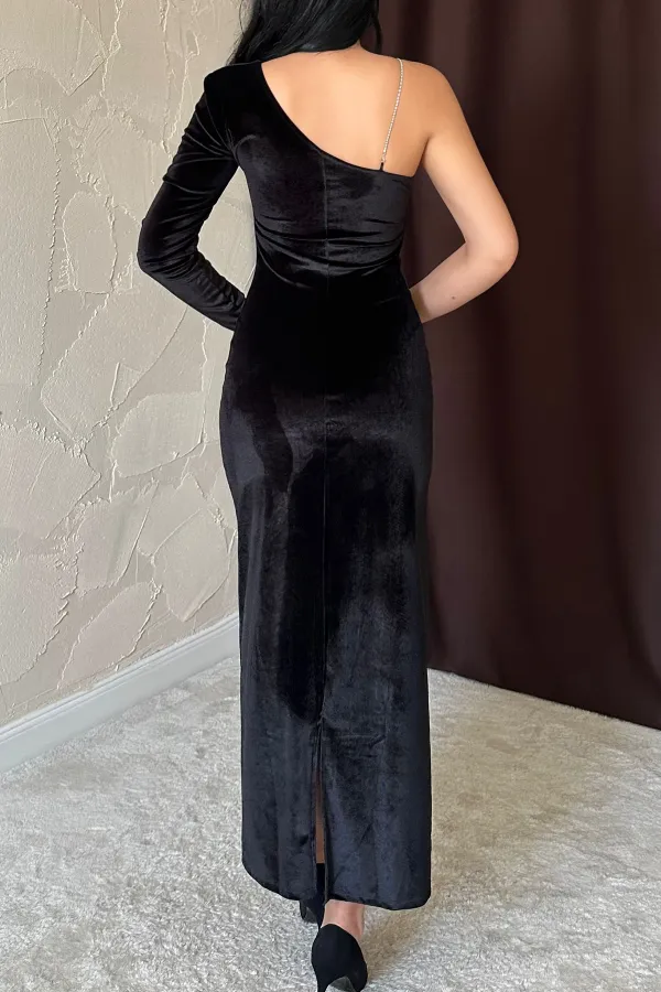 Tek Omuzlu Taş Askılı Elbise