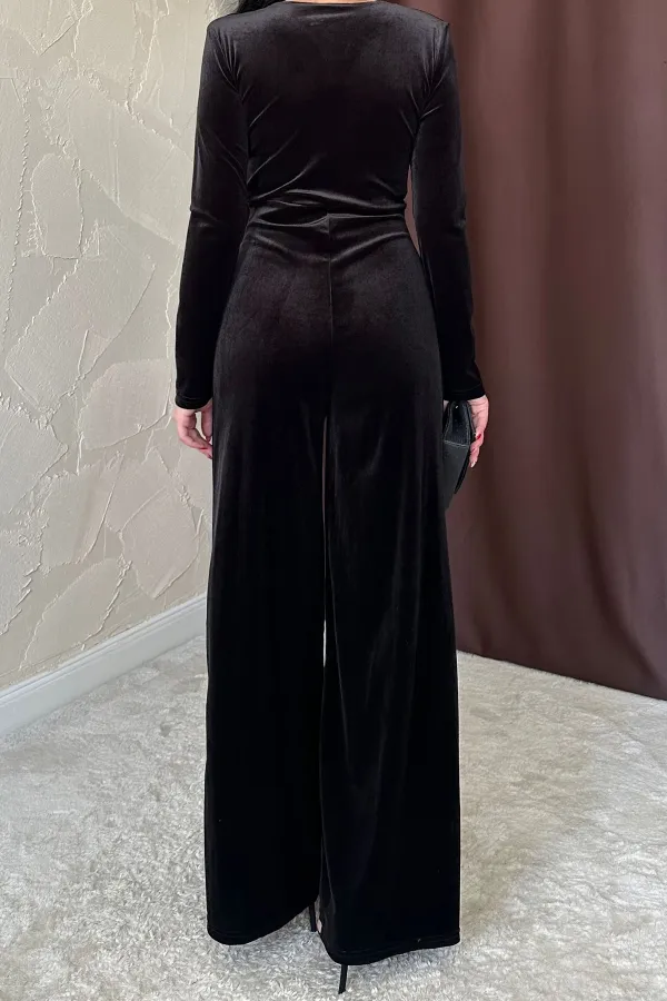 Velvet Jumpsuit with Front Buckle