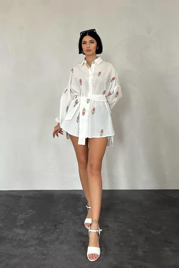 Voile Embroidered Belted Shirt