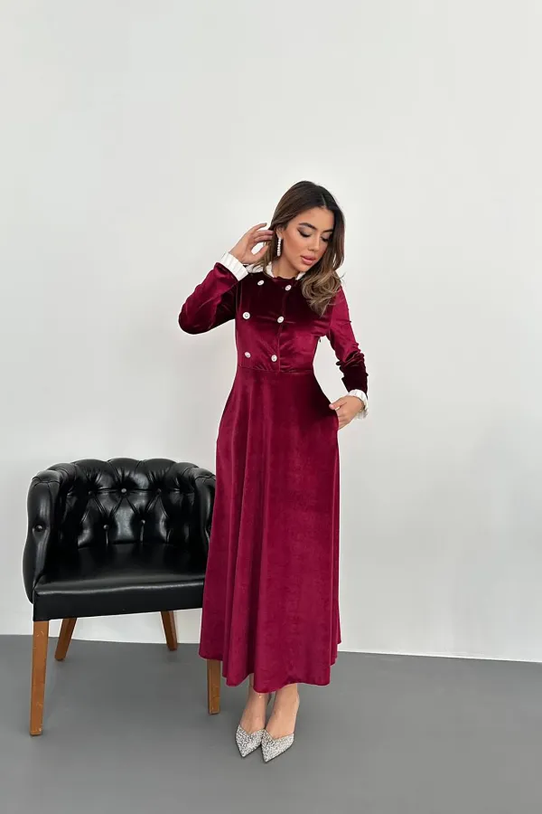 Velvet Dress with Stoned Collar and Garnish