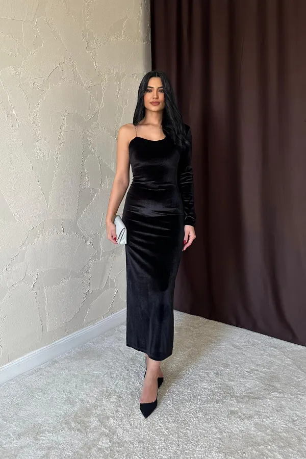 Tek Omuzlu Taş Askılı Elbise