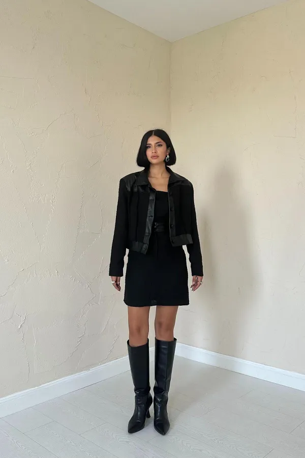 Triple Leather Garnished Jacket and Trouser Set