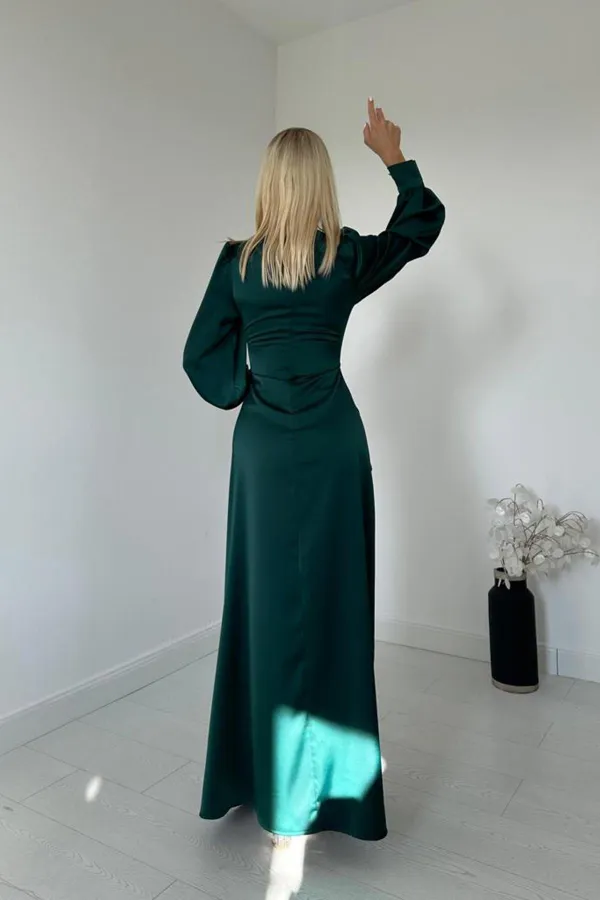 Satin Dress with Side Slit and Gathered Hem