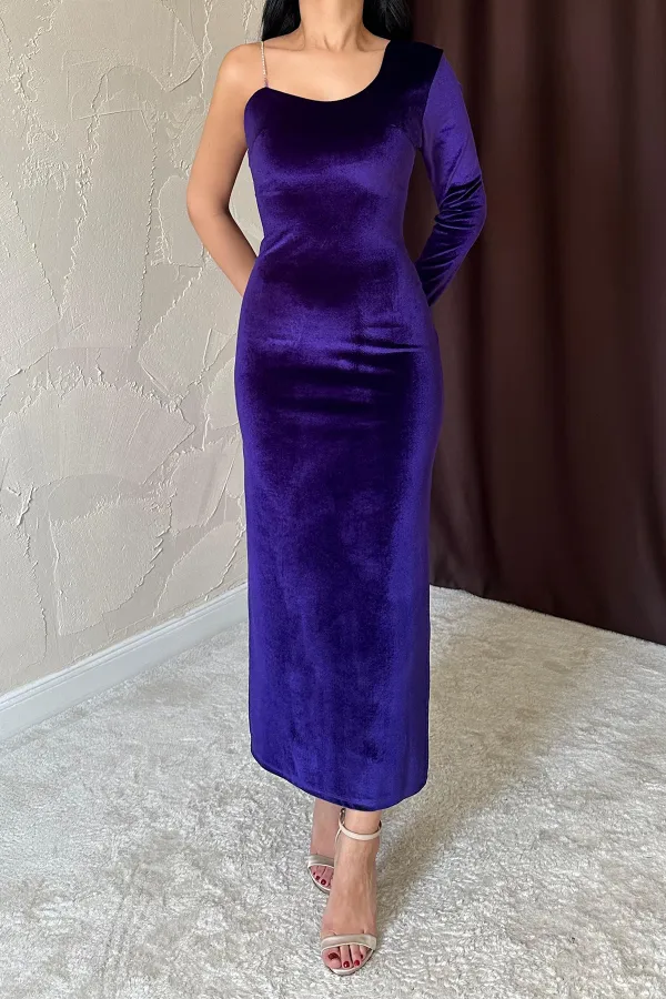 Tek Omuzlu Taş Askılı Elbise