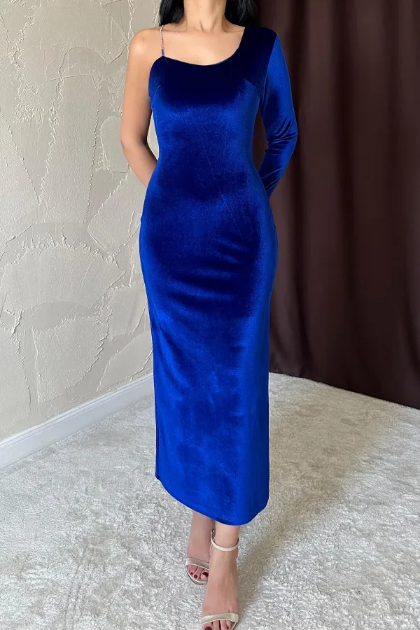 Tek Omuzlu Taş Askılı Elbise