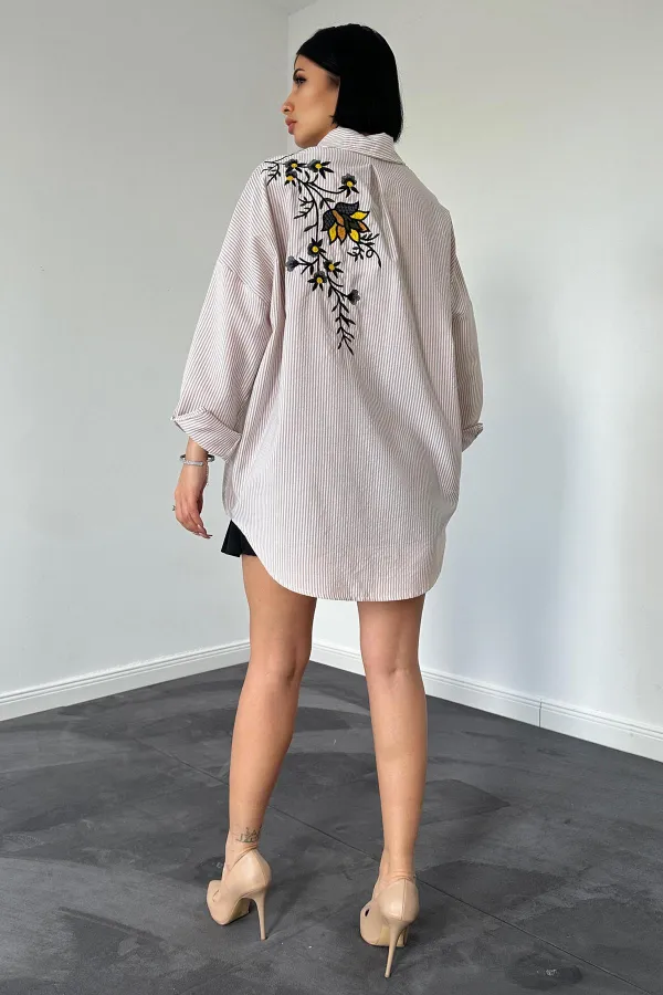 Chemise classique en popeline rayée brodée, taille unique