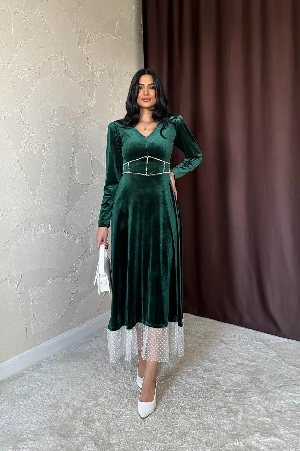 Velvet Dress with Pearl Accessories