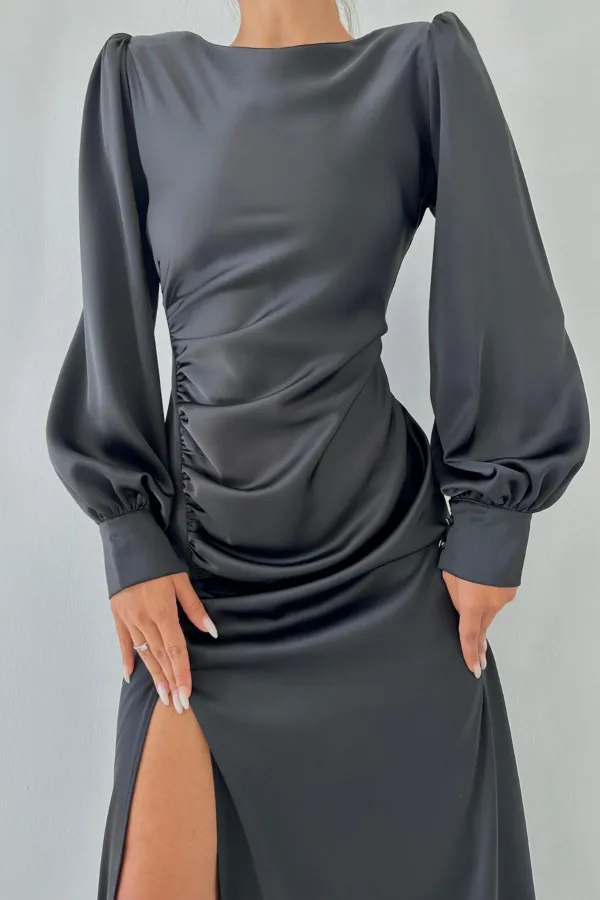 Satin Dress with Side Slit and Gathered Hem