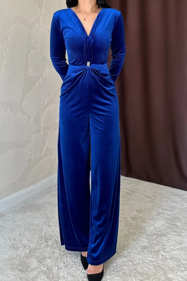 Velvet Jumpsuit with Front Buckle