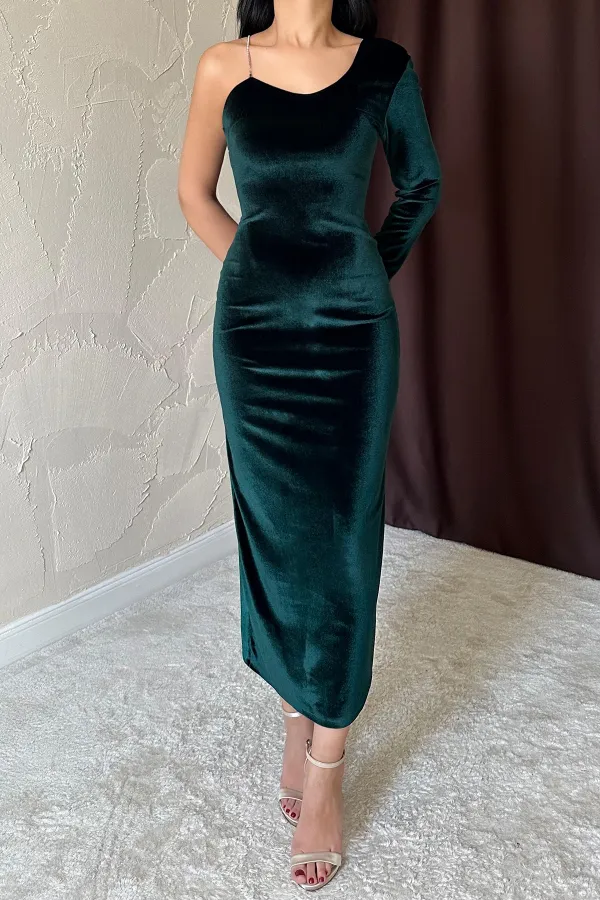 Tek Omuzlu Taş Askılı Elbise