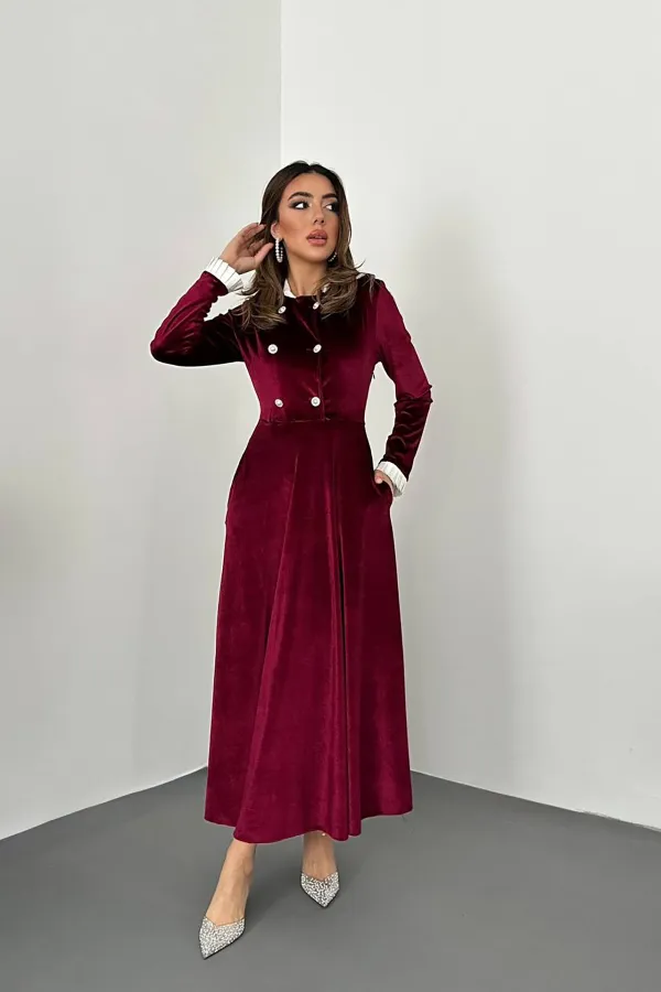 Velvet Dress with Stoned Collar and Garnish