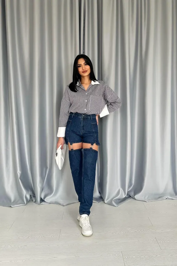 Askılı İki Parça Jeans Pantolon