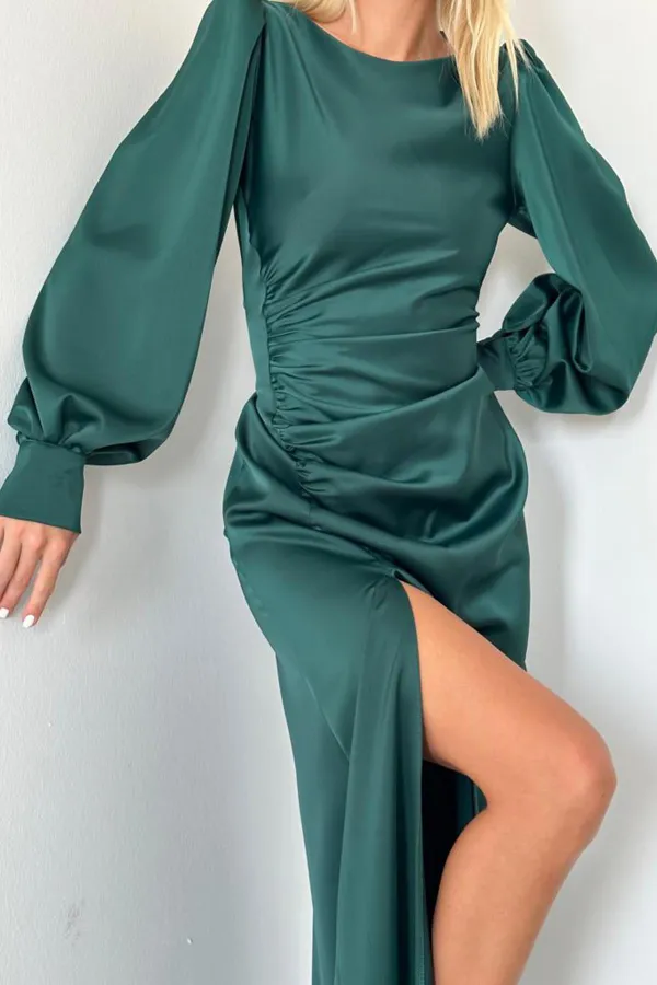 Satin Dress with Side Slit and Gathered Hem