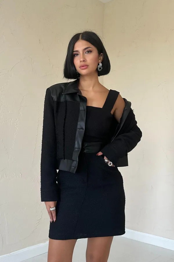 Triple Leather Garnished Jacket and Trouser Set