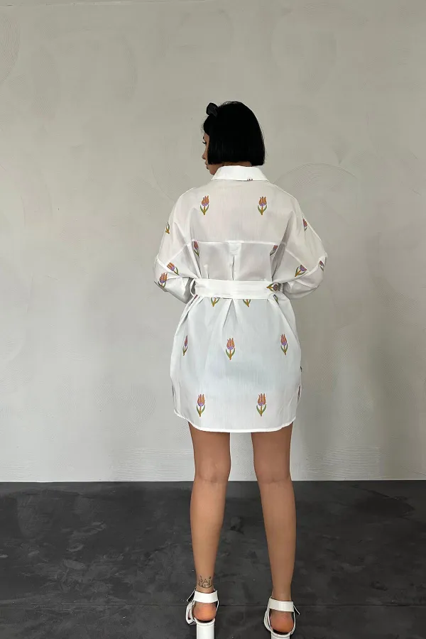 Voile Embroidered Belted Shirt