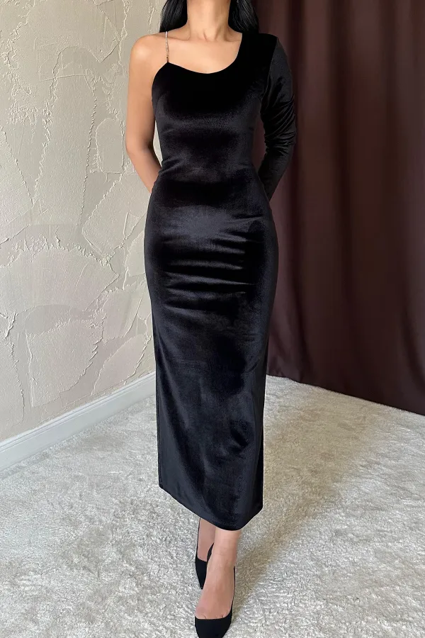 Tek Omuzlu Taş Askılı Elbise