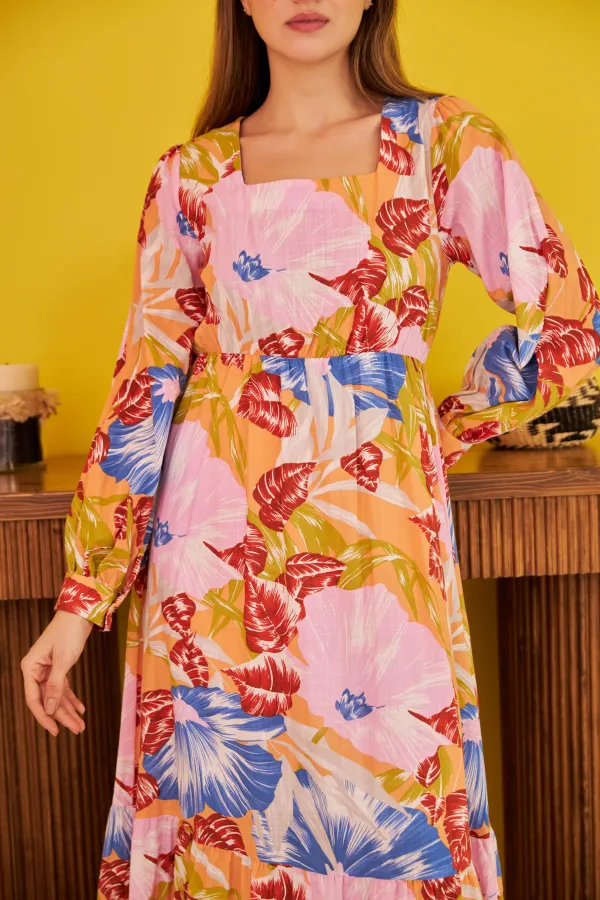 Desenli Keten Elbise