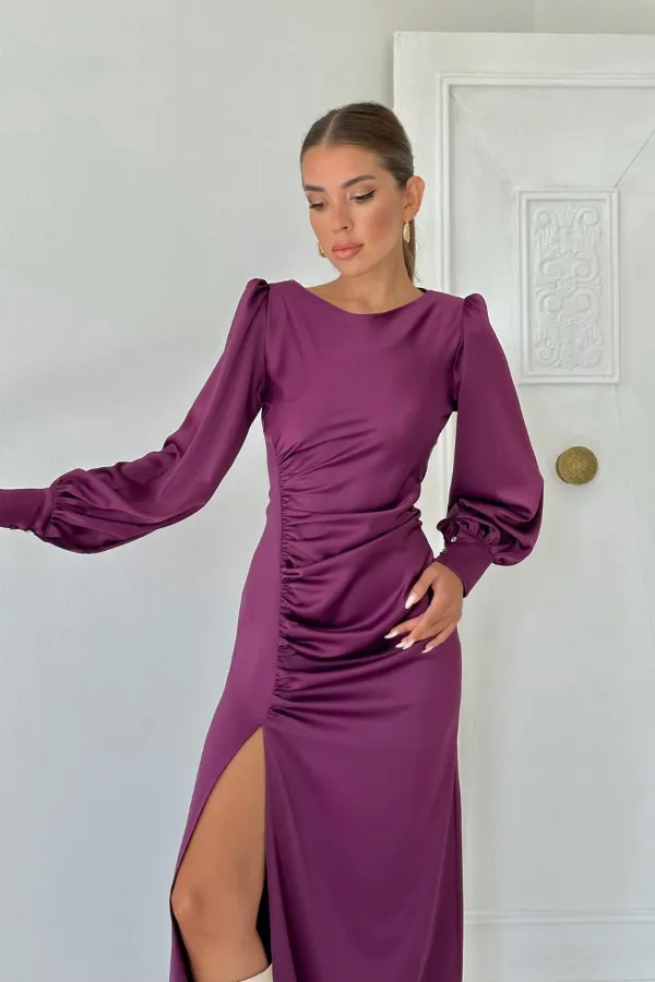 Satin Dress with Side Slit and Gathered Hem