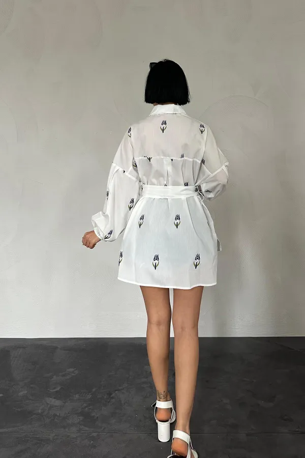 Voile Embroidered Belted Shirt