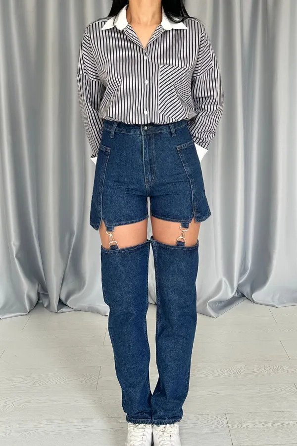 Askılı İki Parça Jeans Pantolon