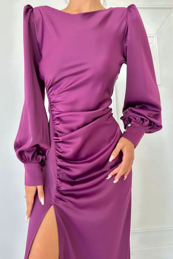 Satin Dress with Side Slit and Gathered Hem