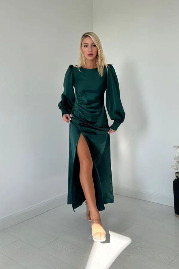 Satin Dress with Side Slit and Gathered Hem