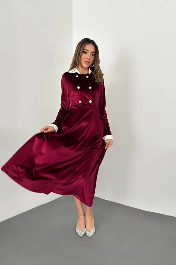 Velvet Dress with Stoned Collar and Garnish