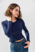Uzun Kollu Fitilli Bluz Crop Örme T-shirt