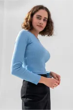 Uzun Kollu Fitilli Bluz Crop Örme T-shirt