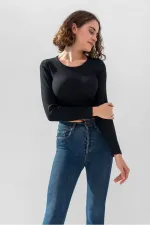 Uzun Kollu Fitilli Bluz Crop Örme T-shirt
