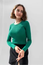 Uzun Kollu Fitilli Bluz Crop Örme T-shirt