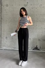 High-Waisted Elasticated Glove Fabric Trousers