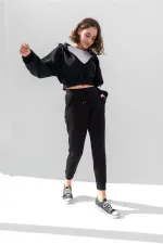 Hooded V-Neck Crop Sweatshirt with Thick Fleece Lining