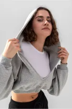 Hooded V-Neck Crop Sweatshirt with Thick Fleece Lining