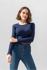 Uzun Kollu Fitilli Bluz Crop Örme T-shirt