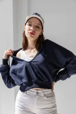 Hooded V-Neck Crop Sweatshirt with Thick Fleece Lining