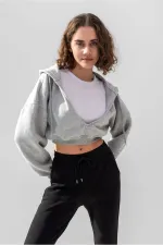 Hooded V-Neck Crop Sweatshirt with Thick Fleece Lining