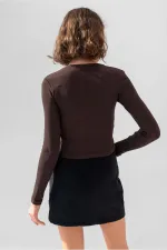 Uzun Kollu Fitilli Bluz Crop Örme T-shirt