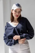 Hooded V-Neck Crop Sweatshirt with Thick Fleece Lining
