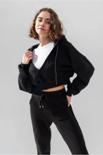 Hooded V-Neck Crop Sweatshirt with Thick Fleece Lining