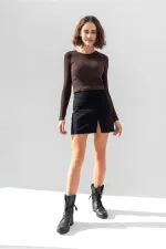 Uzun Kollu Fitilli Bluz Crop Örme T-shirt