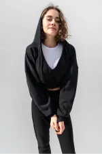 Hooded V-Neck Crop Sweatshirt with Thick Fleece Lining