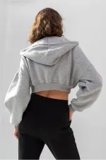 Hooded V-Neck Crop Sweatshirt with Thick Fleece Lining