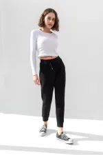 Uzun Kollu Fitilli Bluz Crop Örme T-shirt