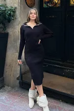 Polo Yaka Triko Midi Elbise