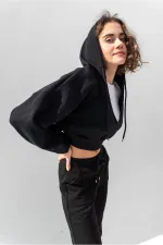 Hooded V-Neck Crop Sweatshirt with Thick Fleece Lining
